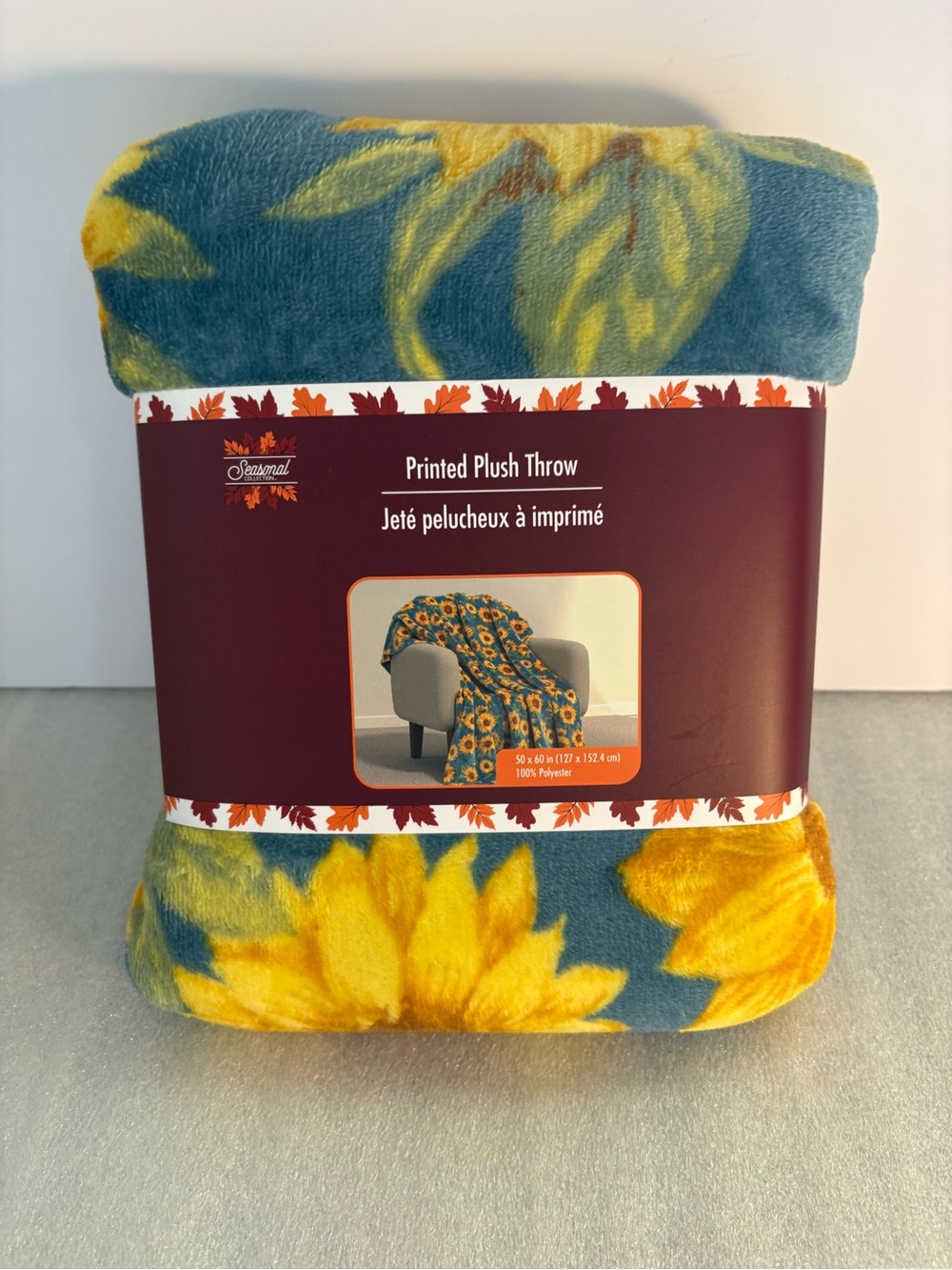 Printed Plush Throw Blanket - Blue & Yellow Sunflower